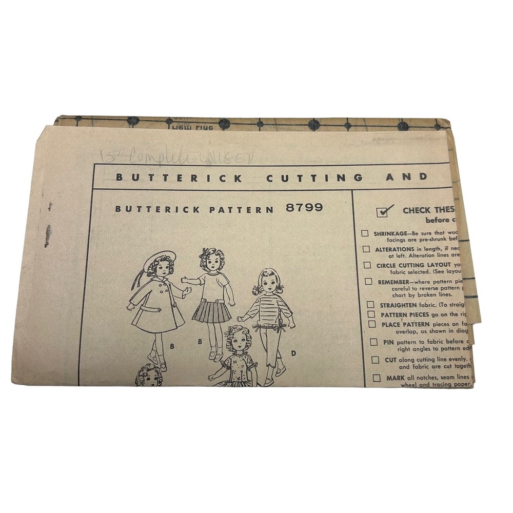 Butterick Vintage Mail Order Pattern #8799 15" Doll Wardrobe HTF RARE‎